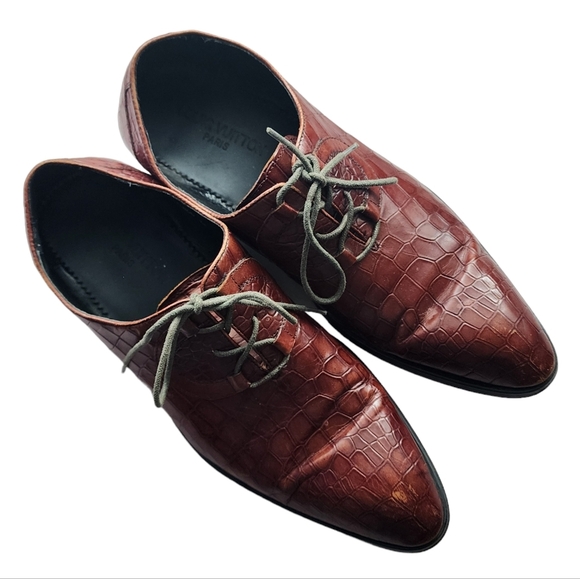 LOUIS VUITTON x VINTAGE croc embossed lace up oxford loafers brown size 42 - Picture 4 of 16